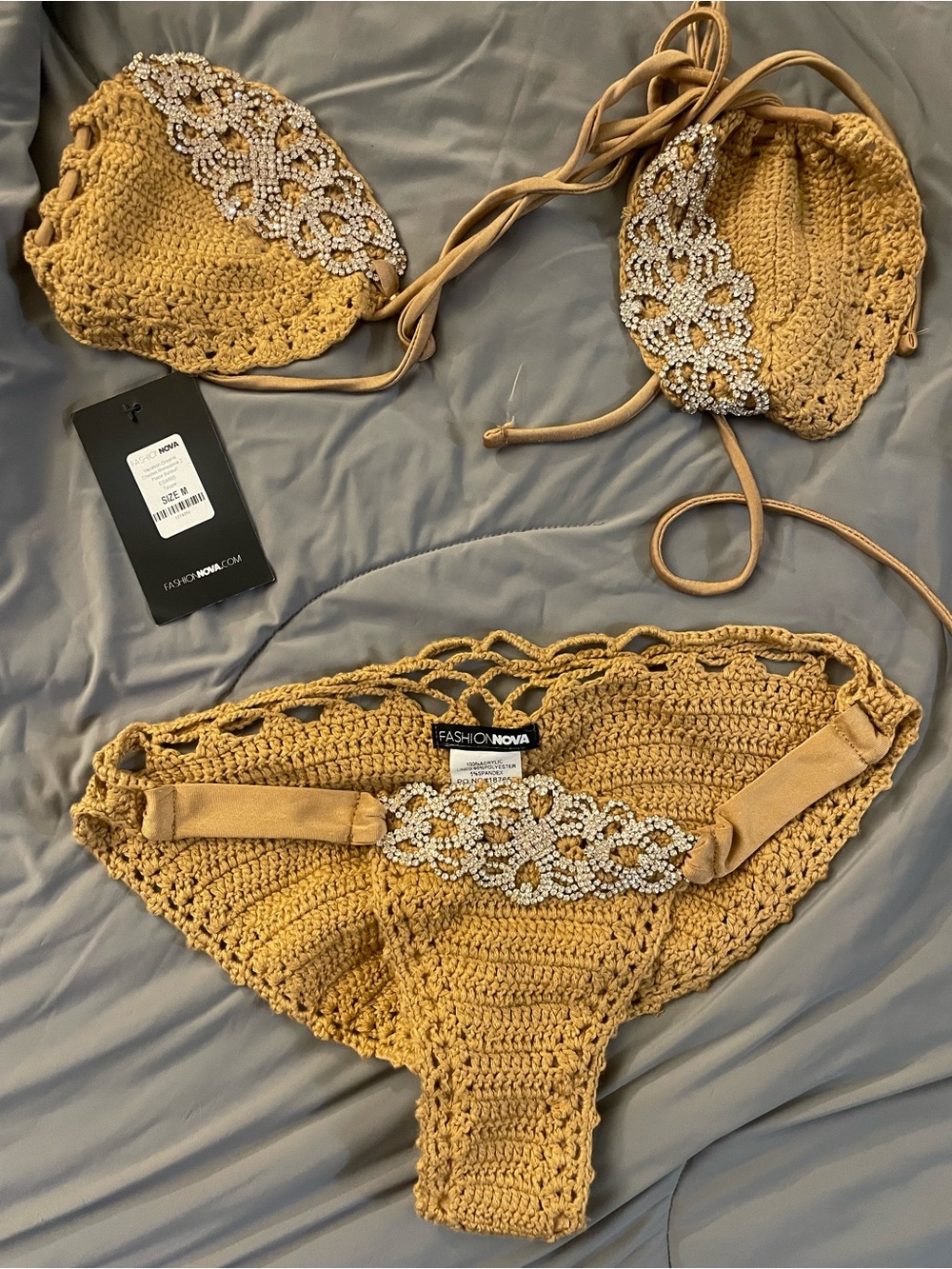 Fashion Nova Mustard Yellow Crocheted Bikini Set with Beaded Floral Accents